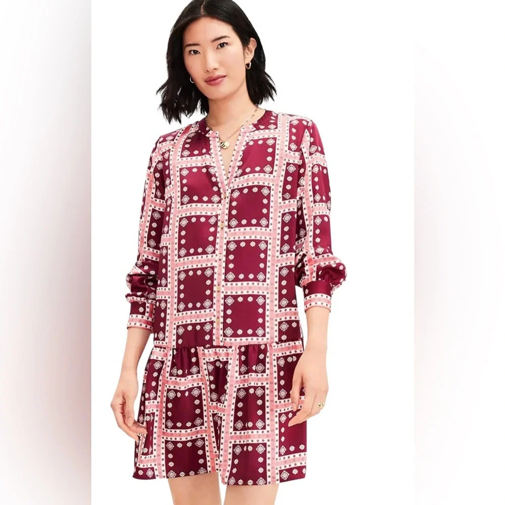 LOFT Women’s XS Multicolor‎ Long Sleeve Geometric Border Flounce Tunic Dress NWT